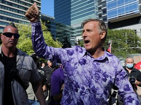 People's Party of Canada (PPC) Leader Maxime Bernier gives a thumbs up during a protest rally outside the Canadian Broadcasting Corporation headquarters in Toronto on Thursday, Sept. 16, 2021.