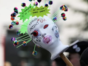 A mannequin head is pictured during an anti-vaccine mandate protest outside Toronto General Hospital in Toronto, Sept. 13, 2021.