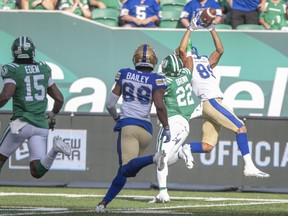 Winnipeg Blue Bombers wide receiver Kenny Lawler (89) catches the ball during first half CFL football action against the Saskatchewan Roughriders, in Regina, Sunday, Sept. 5, 2021.