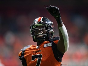 CP-Web.  B.C. Lions' Lucky Whitehead celebrates his touchdown against the Saskatchewan Roughriders during the first half of a CFL football game in Vancouver, on Friday, September 24, 2021. THE CANADIAN PRESS/Darryl Dyck ORG XMIT: VCRD205