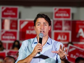 Prime Minister Justin Trudeau speaks at an election campaign stop in Brampton on Tuesday, Sept. 14, 2021.