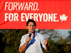 Liberal Prime Minister Justin Trudeau speaks during an election campaign stop in Hamilton, Ont., Sept. 17, 2021.