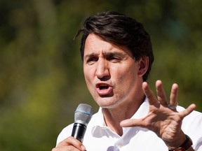 Liberal Prime Minister Justin Trudeau speaks at an election campaign stop on the last campaign day before the election, in Niagara Falls, Ont., Sept. 19, 2021.