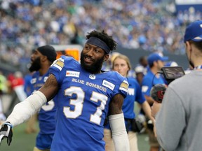 Winnipeg Blue Bombers safety Brandon Alexander celebrates late during the Banjo Bowl against the Saskatchewan Roughriders. The Bombers defence has had plenty to celebrate so far this season.