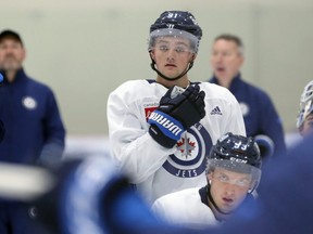 Cole Perfetti with a quizzical look during the Winnipeg Jets pro minicamp at Bell MTS Iceplex in west Winnipeg on Wed., Sept. 15, 2021. KEVIN KING/Winnipeg Sun/Postmedia Network