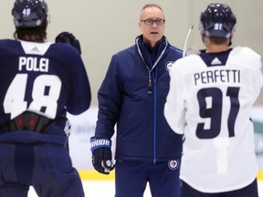 Head coach Paul Maurice speaks to his forward group during Winnipeg Jets pro minicamp at Bell MTS Iceplex in west Winnipeg on Wed., Sept. 16, 2021. KEVIN KING/Winnipeg Sun/Postmedia Network