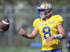 Quarterback Zach Collaros tosses the ball during Blue Bombers practice on the University of Manitoba earlier this week.