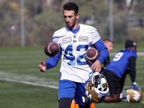 Placekicker Ali Mourtada flips a ball around during Winnipeg Blue Bombers practice on the University of Manitoba campus in Winnipeg on Monday, Sept. 27, 2021.