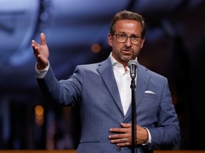 Bloc Quebecois Leader Yves-Francois Blanchet speaks during a news conference after the last of three two-hour leaders debates at the Canadian Museum of History in Gatineau, Quebec on Sept. 9, 2021.