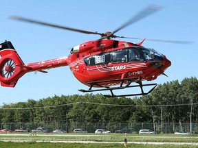 A new Airbus H145 helicopter comes in for a landing at the Winnipeg base for STARS air ambulance on West Hangar Road on Mon., Sept. 6, 2021. KEVIN KING/Winnipeg Sun/Postmedia Network