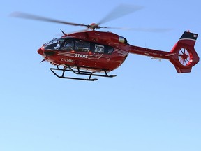 A new Airbus H145 helicopter flies near the Winnipeg base for STARS air ambulance on West Hangar Road on Mon., Sept. 6, 2021.