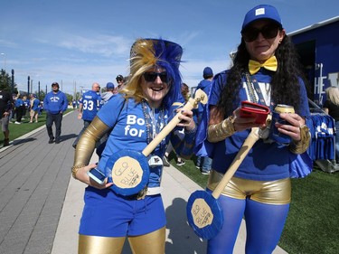 The appropriate colours and props for Winnipeg Blue Bombers fans in the tailgate area ahead of the Banjo Bowl battle against the Saskatchewan Roughriders in Winnipeg on Saturday, Sept. 11, 2021.