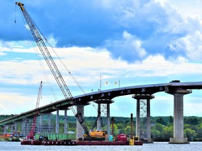 In this Sept. 2020 file photo, the 850-metre-long Bay of Quinte Skyway Bridge is pictured undergoing a six-year retrofit by the Ontario Ministry of Transportation.