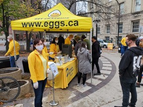 Sandra Dyck and her colleagues from Manitoba Egg Farmers gave out free egg sandwiches and coffee in Winnipeg on Friday morning to honour World Egg Day.  James Snell/Winnipeg Sun