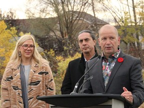 Winnipeg City Councillor Shawn Nason (Transcona) was credited as being a pivotal partner in a new Habitat For Humanity project in the ward of Transcona. He spoke with stakeholders and media on Friday. Also pictured are AMC Grand Chief Arlen Dumas and Minister of Families Rochelle Squires.