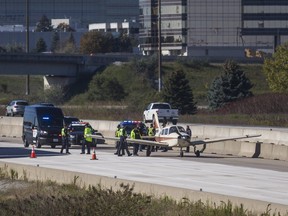 An airplane made an emergency landing on Highway 407, near Woodbine Ave. in Markham on Wednesday October 27, 2021.