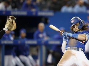 Bo Bichette of the Blue Jays narrowly avoids a pitch in the fourth inning against the New York Yankees at Rogers Centre on Thursday, Sept. 30, 2021 in Toronto.