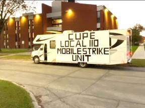 CUPE’s mobile strike unit sits in front of the Winnipeg School Division building.  Handout photo