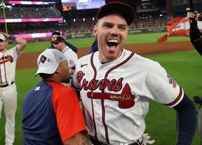 Freddie Freeman celebrates after leading the Atlanta Braves to an NLDS series win over the Milwaukee Brewers. GETTY IMAGES