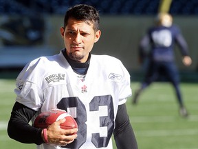 Winnipeg Blue Bombers kicker Sergio Castillo  carries a ball during CFL football practice in Winnipeg, Man. Tuesday October 06, 2015. Brian Donogh/Winnipeg Sun/Postmedia Network