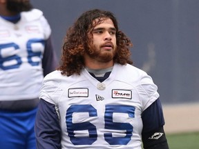 Offensive lineman Asotui Eli on the field during Winnipeg Blue Bombers practice at IG Field on Wed., Oct. 13, 2021.