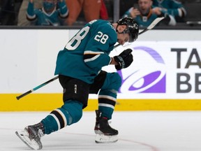 Timo Meier celebrates after scoring the OT winner as the Sharks beat the Jets on Saturday.