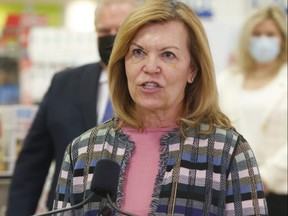 Ontario Health Minister Christine Elliott speaks at a Shoppers Drug Mart at Sherway Gardens in Etobicoke March 19, 2021.
