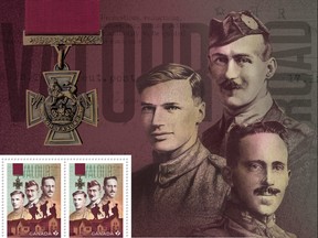 Canada Post released a new stamp in memory of three Canadian First World War recipients of the seldom-awarded Victoria Cross (Britain’s highest honour for bravery in combat) who each lived on Winnipeg’s Pine Street at some point in their lives. In recognition of the three heroes, the street was officially renamed Valour Road in 1925. A commemorative plaza erected in 2005 features a stone monument in the shape of the Victoria Cross and three steel silhouettes honouring the three soldiers.