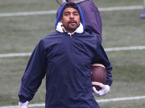 Running back Andrew Harris during Winnipeg Blue Bombers practice at IG Field on Wednesday.