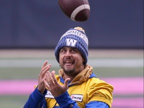 Zach Collaros, a member of the Winnipeg CFL team during practice in Winnipeg on Friday, Oct. 22, 2021.