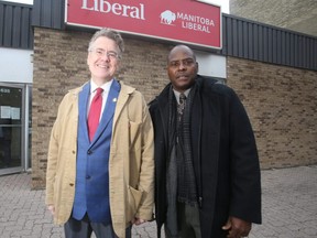 Manitoba Liberal Leader Dougald Lamont (left) with Willard Reeves.    Reeves has been nominated by the Liberals to run in the by-election in former Premier Brian Pallister's old riding of Fort Whyte.  Thursday, October 28/2021.Winnipeg Sun/Chris Procaylo/stf