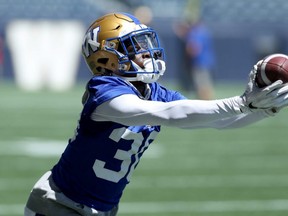 Defensive back Winston Rose works on catching the ball that goes over your head during Winnipeg Blue Bombers practice on Tues., July 2, 2019. Kevin King/Winnipeg Sun/Postmedia Network
