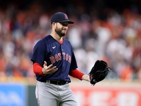 Ryan Brasier (70) of the Boston Red Sox reacts after they beat the Houston Astros in Game Two of the American League Championship Series at Minute Maid Park on Oct. 16, 2021 in Houston, Texas.