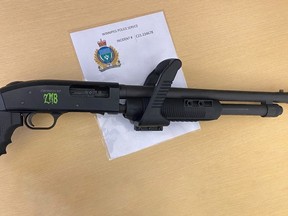 Winnipeg Police seized a loaded Mosberg 500 12-gauge shotgun (“zombie chainsaw” addition) and various types of ammunition along with 16.5 grams of cocaine with an estimated street value of $750 and drug packaging materials from a condominium and vehicle following a two-month drug trafficking investigation.