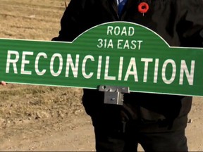 On Monday afternoon representatives from the Brokenhead Ojibway Nation (BON) and the neighbouring rural municipality of St. Clements gathered for the official unveiling of the newly renamed Reconciliation Road. Screenshot.