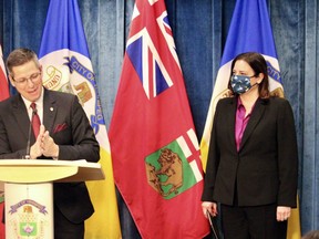 Winnipeg Mayor Brian Bowman and Premier Heather Stefanson met at City Hall on Wednesday, Nov. 24, 2021, to announce new cooperation on longstanding infrastructure projects in the city. James Snell/Winnipeg Sun