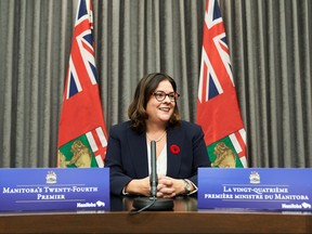 Heather Stefanson speaks to the media after being sworn in as Manitoba's 24th premier at the Manitoba Legislative Building in Winnipeg on Tuesday, November 2, 2021.