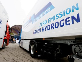 A hydrogen fuel cell truck made by Hyundai is pictured at the Verkehrshaus Luzern (Swiss Museum of Transport) in Luzern, Switzerland October 7, 2020. REUTERS/Denis Balibouse/File Photo/File Photo