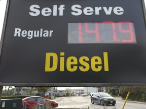 The price of diesel is displayed at AMCO gas station on Eastern Ave. in Toronto on Oct. 21, 2021.