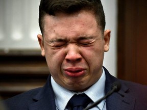 Kyle Rittenhouse breaks down on the stand as he testifies about his encounter with the late Joseph Rosenbaum during his trial at the Kenosha County Courthouse in Kenosha, Wis., Wednesday, Nov. 10, 2021.