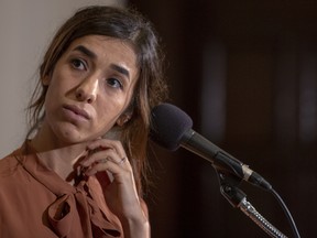 Nadia Murad, a 24-year-old Yazidi woman and co-recipient of the 2018 Nobel Peace Prize takes questions at the National Press Club on October 8, 2018 in Washington, DC.