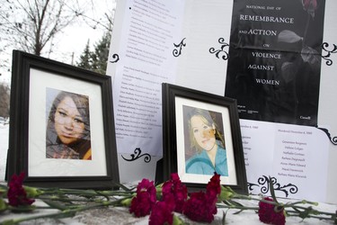 A vigil was held at Vopni Park on Dec. 6. in honour of the National Day of Remembrance and Action on Violence Against Women. A memorial was placed at the vigil for Rocelyn Gabriel (left), Amber McFarland (right), and Jennifer Catcheway.