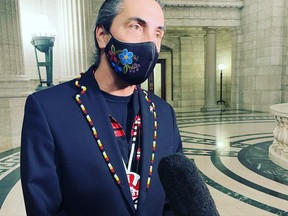 Assembly of Manitoba Chiefs (AMC) Grand Chief Arlen Dumas, seen here after Tuesday throne speech in Winnipeg, said AMC and other Indigenous groups and leaders will work to keep the new premier and the provincial government accountable to First Nations people and organizations. Facebook photo
