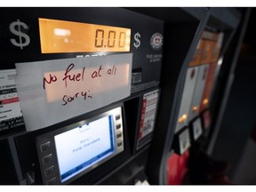 A gas pump with a sign noting no fuel available is pictured at a gas station in Agassiz on Nov. 17, 2021.