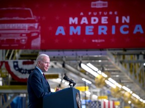 U.S. President Joe Biden speaks at the General Motors Factory ZERO electric vehicle assembly plant in Detroit, Michigan on Nov. 17, 2021.