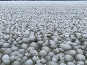 Rare ice formations are seen on Lake Manitoba, in Steep Rock, Man., in this picture obtained from social media and taken by local resident Peter Hofbauer.