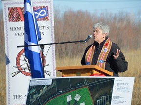 Judy Mayer, the vice president of the Manitoba Métis Federation for The Pas region, said on Tuesday that affordable seniors housing is needed in The Pas. Manitoba Métis Federation president David Chartrand was joined by The Pas Mayor Herb Jaques and others in The Pas for a ground breaking, and to announce that MMF was investing $10 million dollars into a brand new facility that would include new affordable seniors housing and a day care center. 
Photo by Dave Baxter/Winnipeg Sun/Local Journalism Initiative