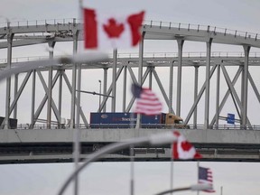 A truck crosses the Bluewater Bridge border crossing between Sarnia and Port Huron, U.S.