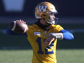 Winnipeg Blue Bombers quarterback Sean McGuire  (12) during practice in Winnipeg on Thursday, Nov. 4, 2021. McGuire will be under centre to start for the Bombers on Saturday in Montreal.