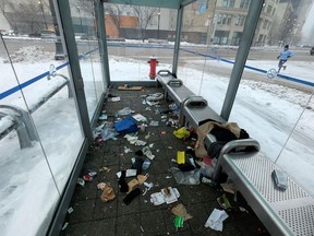 A garbage strewn, and filthy bus shack in Winnipeg.  Chris Procaylo,  Saturday Nov. 13. 2021 Winnipeg Sun